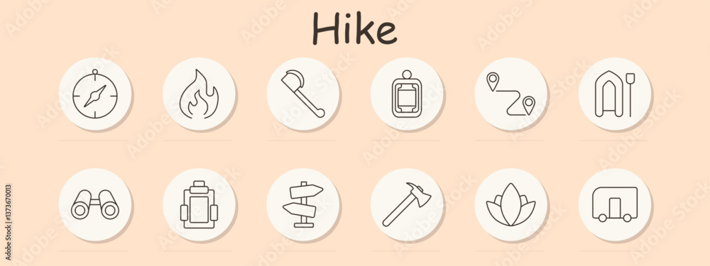 Hike set icon. Compass, flame, axe, bottle, route, kayak, binoculars, backpack, sign, pickaxe, leaf, camper Hike set icon. Compass, flame, axe, bottle, route, kayak, binoculars, backpack, sign, pickaxe, leaf, camper