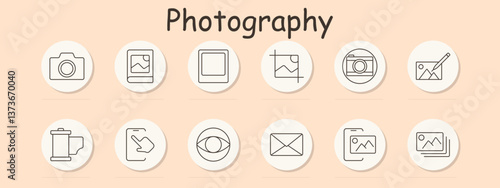 Photography set icon. Camera, photo, crop, edit, film, touch, eye, email, gallery, analog frame, snapshot