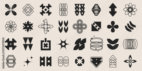 Brutalist black and white geometric shapes set. Abstract contemporary shapes, y2k retro design elements collection. Funky geometric minimal figures and shapes for banner, poster, sticker, websites