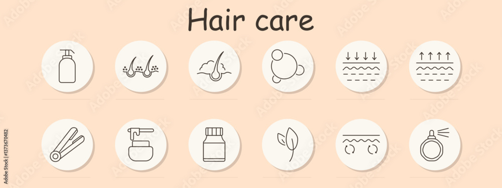 Hair care set icon. Bottle, follicle, inflammation, cell, absorption, ventilation, iron, mask, vial, leaf, curl, mist, for styling, moisture, and organic treatments Hair care set icon. Bottle, follicle, inflammation, cell, absorption, ventilation, iron, mask, vial, leaf, curl, mist, for styling, moisture, and organic treatments