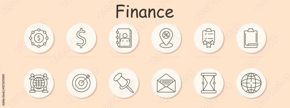 Finance set icon. Network, dollar, ID, location, rating, clipboard, global, target, pin, mail, hourglass, globe, related to business and management strategy Finance set icon. Network, dollar, ID, location, rating, clipboard, global, target, pin, mail, hourglass, globe, related to business and management strategy