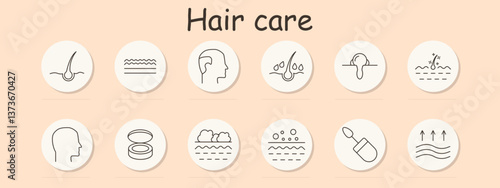 Hair care set icon. Follicle, scalp texture, head, moisture, droplet, care symbol, powder box, foam, serum, arrows, showcasing hydration and softness effect
