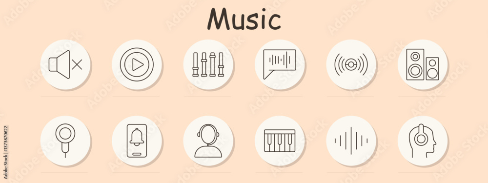 Music set icon. Mute, play, mixer, speech bubble, soundwave, speaker, microphone, bell, headphones, piano, audio signal, listening, representing sound interaction Music set icon. Mute, play, mixer, speech bubble, soundwave, speaker, microphone, bell, headphones, piano, audio signal, listening, representing sound interaction