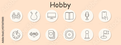 Hobby set icon. Board game, horseshoe, screen, book, microphone, mobile, palette, dumbbell, cards, badge, pawn, flag, illustrating various pastime activities