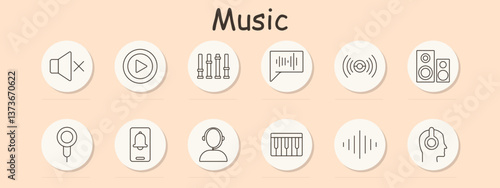 Music set icon. Mute, play, mixer, speech bubble, soundwave, speaker, microphone, bell, headphones, piano, audio signal, listening, representing sound interaction