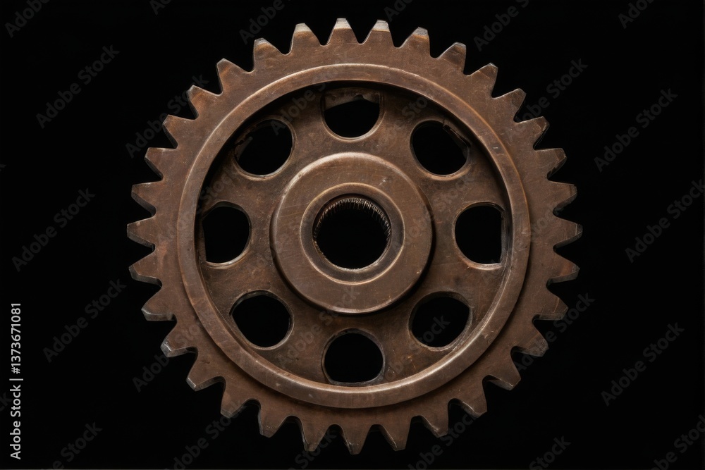 Metallic Gear with Brownish Tones in Closeup View on Black Background Metallic Gear with Brownish Tones in Closeup View on Black Background