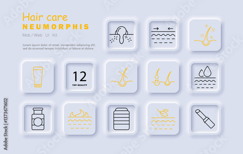 Hair care set icon. Follicle, scalp, drop, moisture, conditioner, serum, dryness, root, mask, shine, oil, growth, hydration, treatment