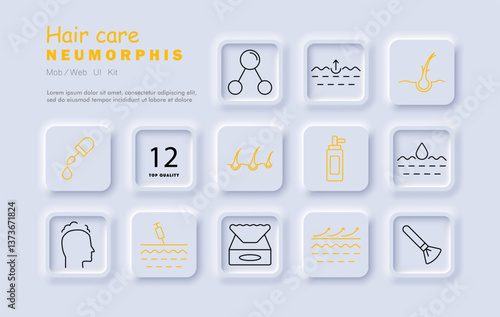 Hair care set icon. Dropper, root, growth, spray, skin, hydration, scalp, follicle, serum, brush, tissue, injection, care