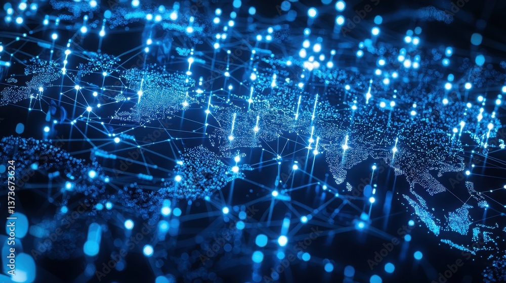 World map adorned with blue lights representing global data flow and ai-driven marketing analytics insights World map adorned with blue lights representing global data flow and ai-driven marketing analytics insights