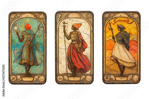 Set of 3 Ornate Tarot Card Illustrations with Stylized Figures