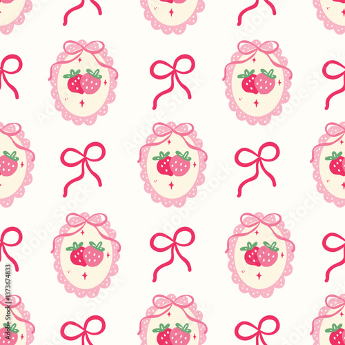 Strawberry Bow Seamless Pattern | Cute Pink Fruit and Ribbon Repeat Background for Fabric, Scrapbooking, and Stationery Design