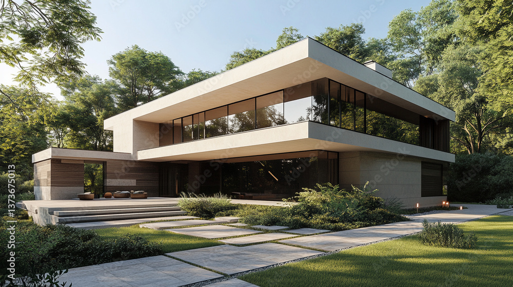 Modern house with minimalist landscaping and large windows Modern house with minimalist landscaping and large windows