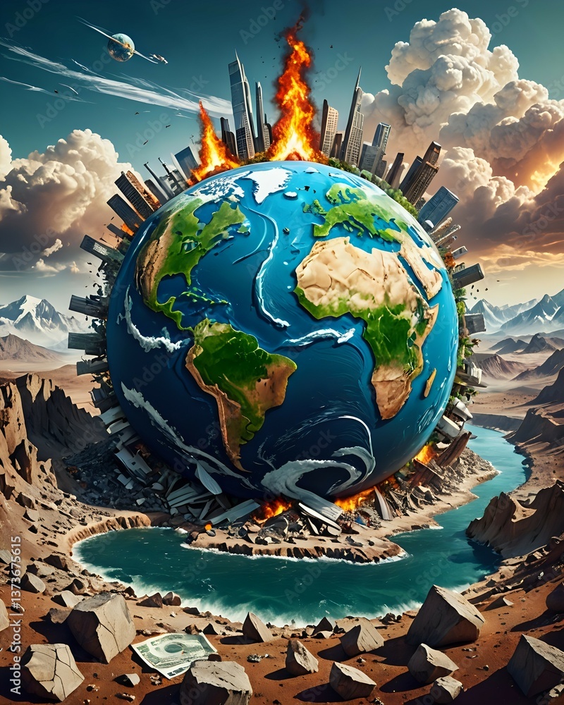 Naklejka premium Earth on Fire Surrounded by Destruction Representing Climate Change and Disaster