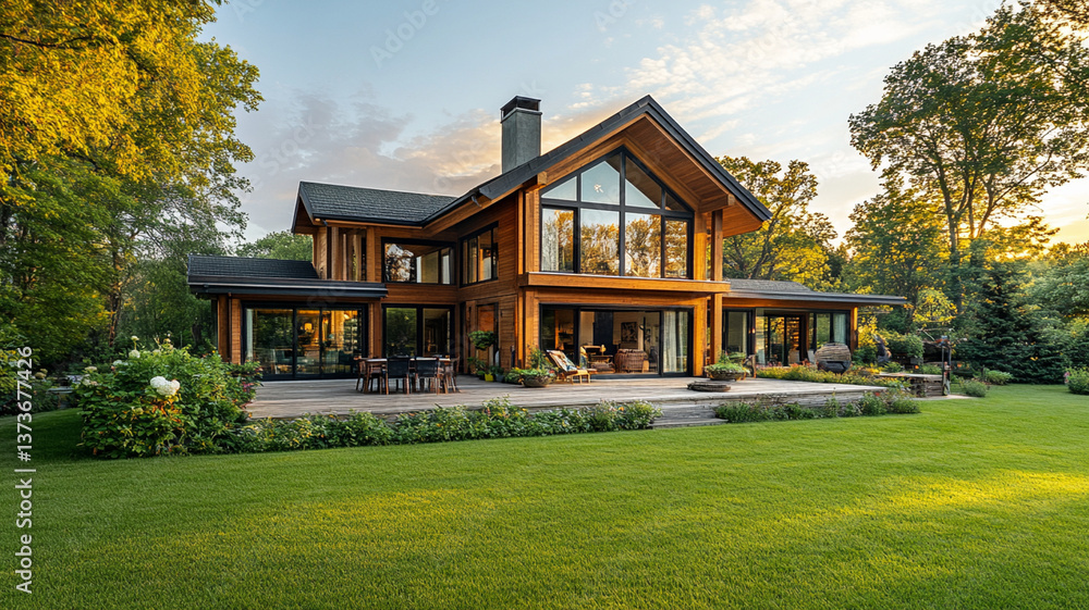 Luxurious wooden country house with large windows and lush garden Luxurious wooden country house with large windows and lush garden