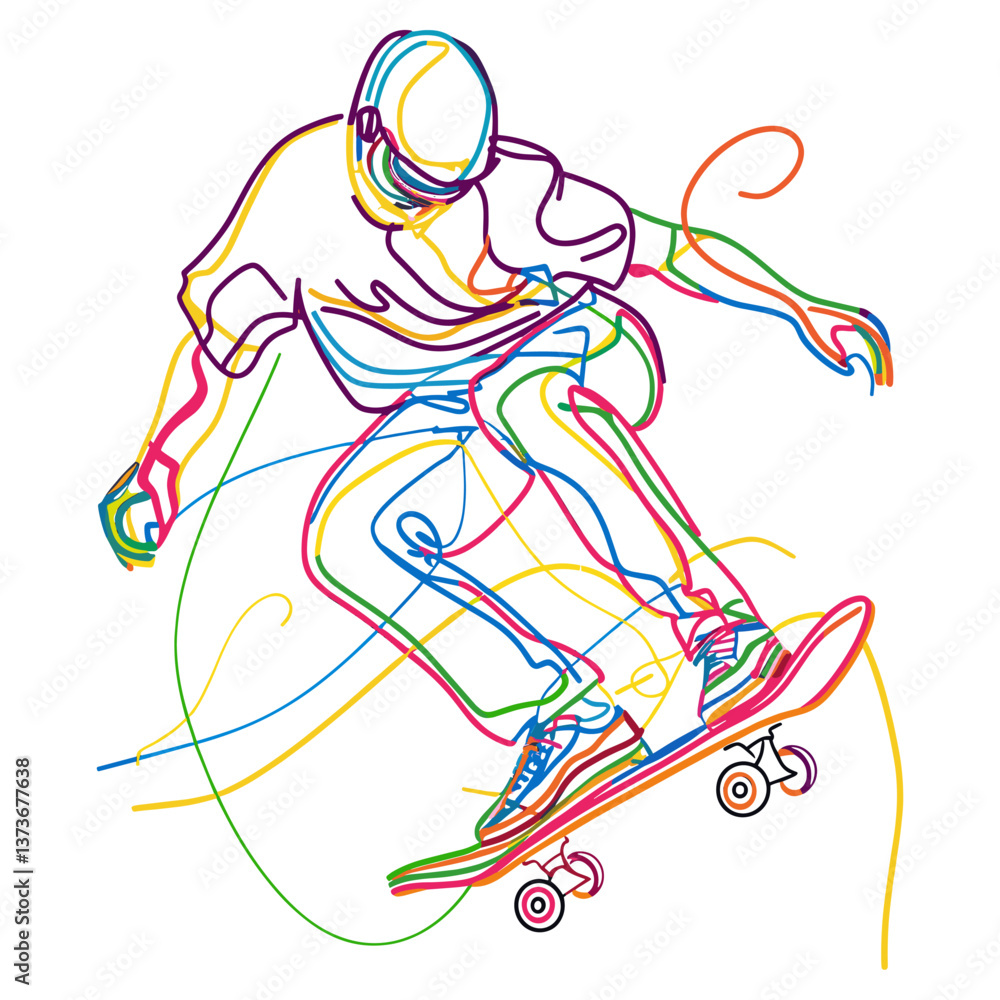 Fototapeta premium Line drawing pro skater player art colorful design vector