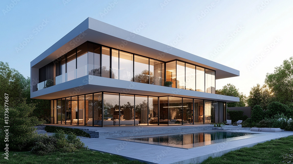 Modern luxury house with large windows and pool at sunset Modern luxury house with large windows and pool at sunset