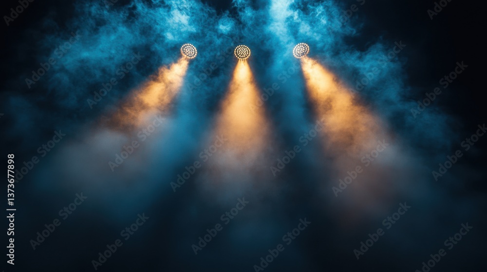 Fototapeta premium Three Stage Spotlights with Smoke Creating a Dramatic Effect on Black Background