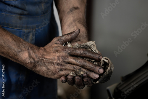 Close-up of dirty male hands. A man wipes his hands on a rag after working in the garage.