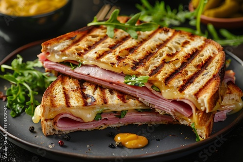 French panini pressed sandwich filled with ham and cheese, grilled and served with mustard