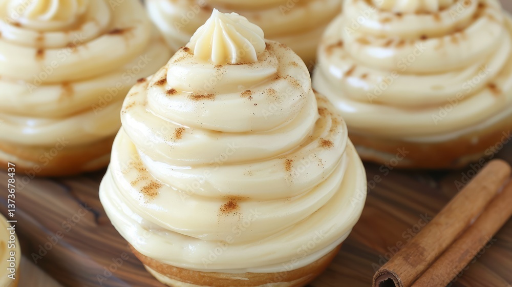 Fototapeta premium A close-up view of several cinnamon rolls coated with a generous layer of creamy white icing.