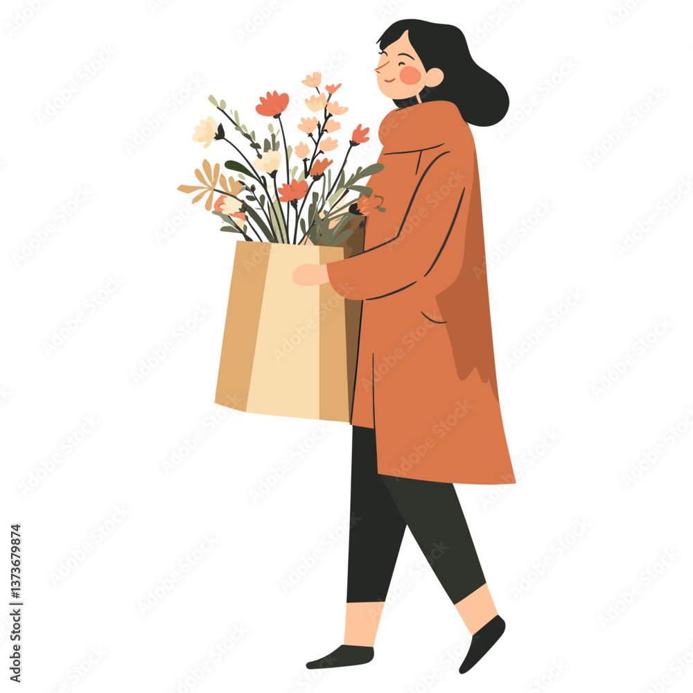A woman holds a paper bag of flowers illustration minimalist female  vector