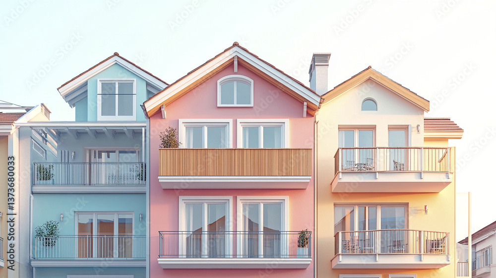 Charming coastal homes with pastel colors and balconies Charming coastal homes with pastel colors and balconies