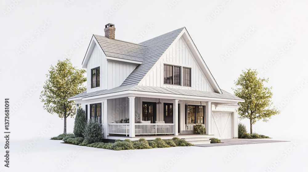Charming farmhouse style home with wraparound porch and gable roof Charming farmhouse style home with wraparound porch and gable roof