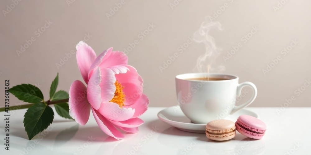 A delicate pink peony blossom rests beside a steaming cup of tea and two pastel macarons on a pristine white surface. A delicate pink peony blossom rests beside a steaming cup of tea and two pastel macarons on a pristine white surface.