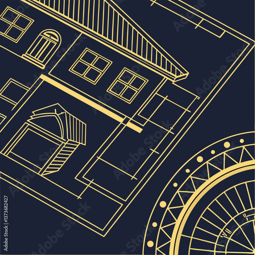 Abstract Golden Architectural Blueprint Deep Navy Background Technical Drawing Structural Elements Floor Plan Pattern Luxury Wall Art Modern Minimalist Home Decor Elegant Gold Print