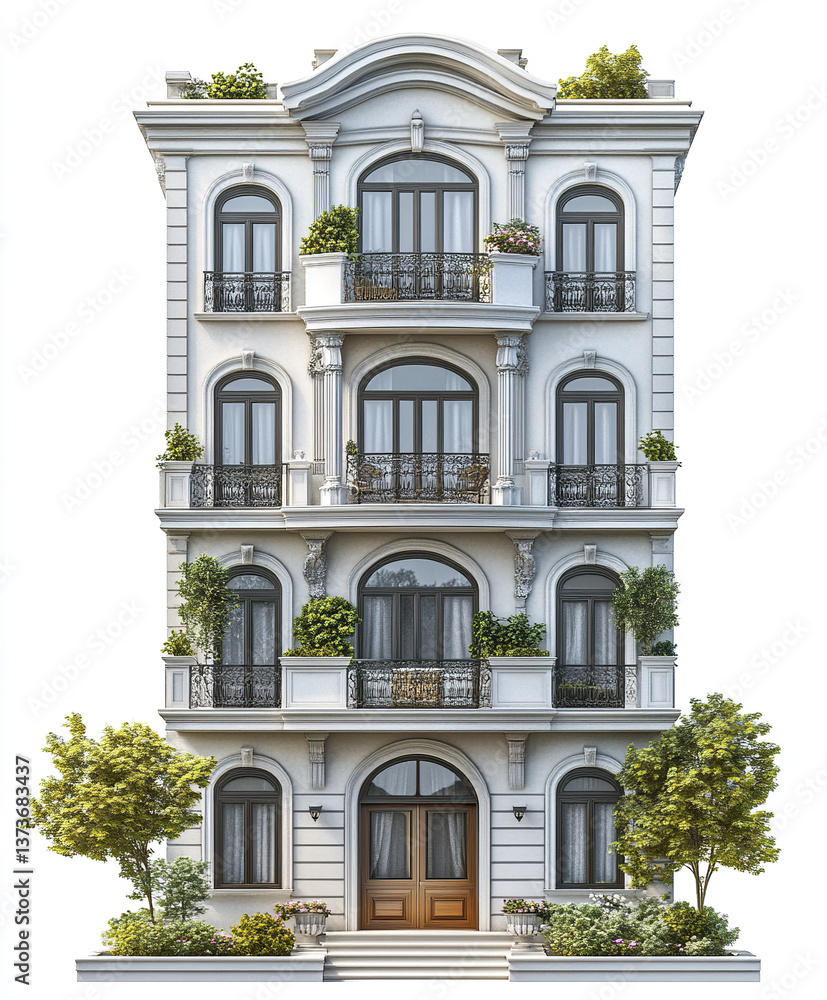 Fototapeta premium Elegant condominium with classic architecture and greenery accents