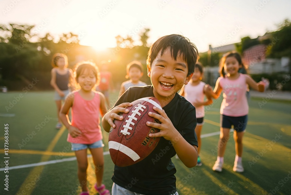 Obraz premium Happy Asian child playing American football with friends during sunset on a sports field, joyful moments of childhood, sports activity concept