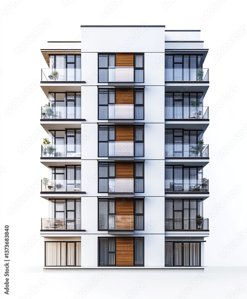 Modern condominium building with balconies on white background Modern condominium building with balconies on white background