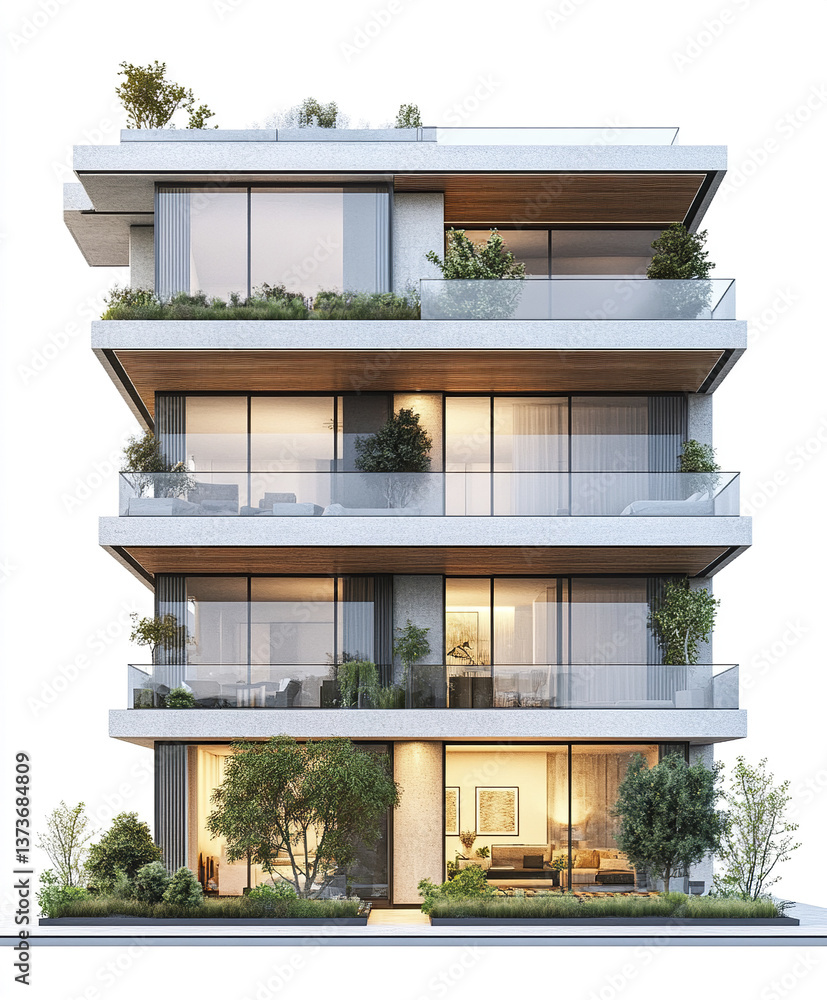 Naklejka premium Modern condominium with greenery on white background