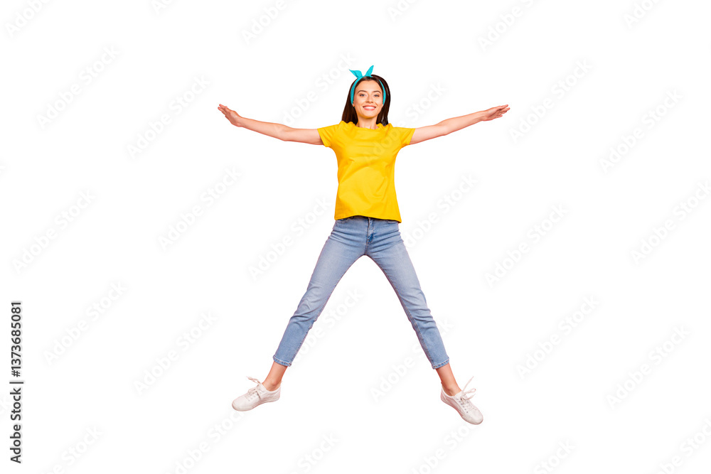 Full body photo of charming youth holding hands jumping wearing yellow t-shirt isolated over pink background Full body photo of charming youth holding hands jumping wearing yellow t-shirt isolated over pink background
