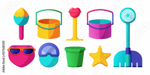 Set of different sand castle building tools images. Colorful cartoon icons isolated on white background. Vector illustration.