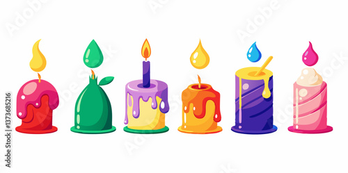 Set of different candles images. Colorful isometric icons isolated on white background. Vector illustration.
