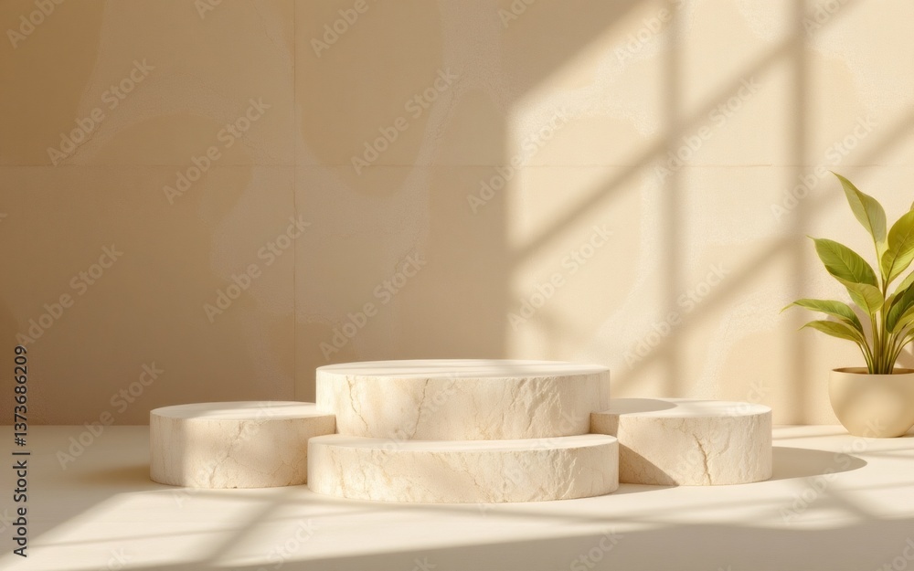 A minimalist display featuring circular stone podiums arranged on a neutral wall background with soft shadows and a potted plant A minimalist display featuring circular stone podiums arranged on a neutral wall background with soft shadows and a potted plant