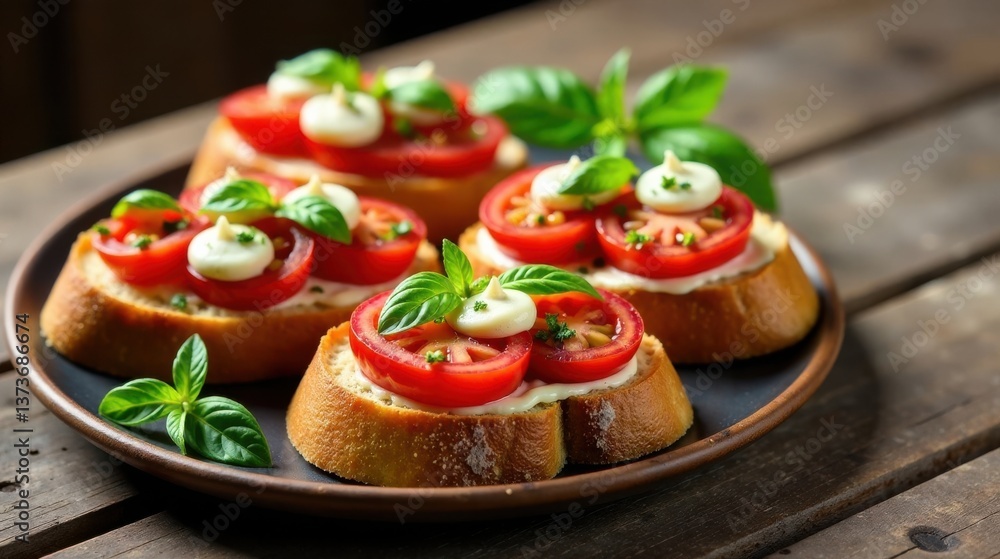 Delicious Appetizer Toasted Bread with Fresh Tomato and Creamy Spread, Garnished with Basil Delicious Appetizer Toasted Bread with Fresh Tomato and Creamy Spread, Garnished with Basil