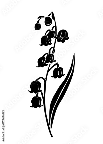 Black silhouette of  Lily of the valley, May birth month flower. Modern minimalist hand drawn design for logo, tattoo, wall art, poster. vector flat illustration isolated on transparent background
