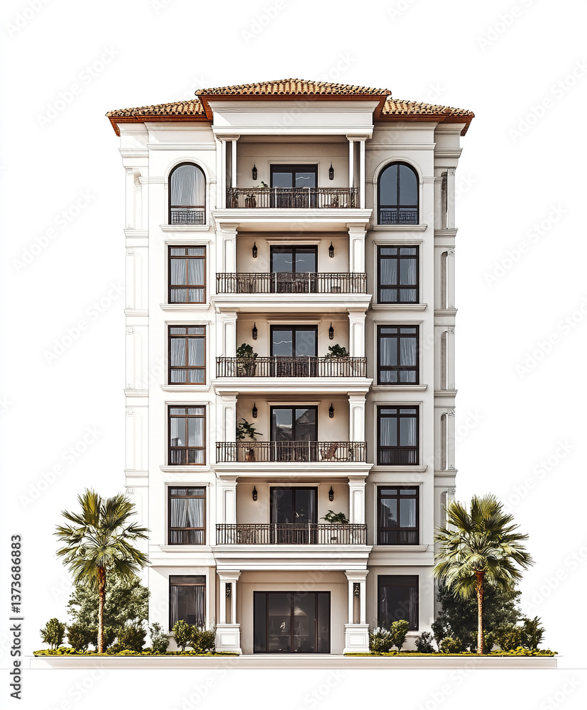 Fototapeta premium Elegant condominium with balconies and palm trees on white background