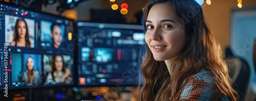Young Woman Working at Computer Editing Videos in Cozy Room