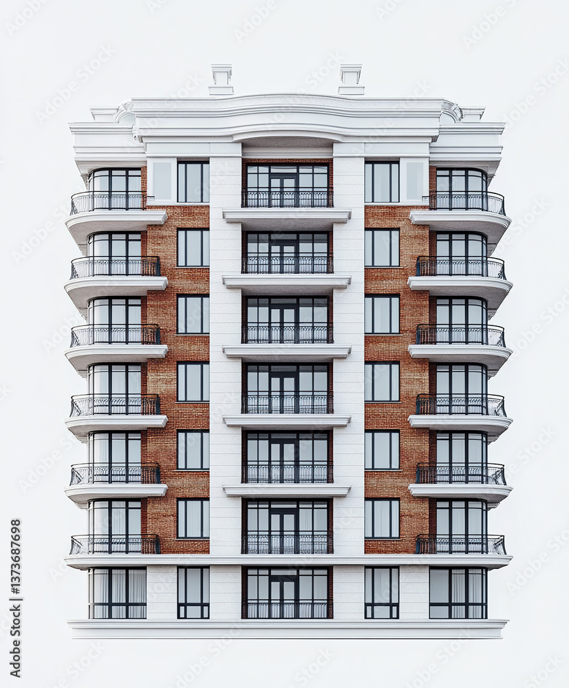 modern condominium with brick facade and balconies on white background modern condominium with brick facade and balconies on white background