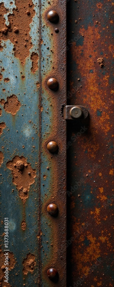 Rustic Metal Panel with Rivets and Oxidized Surface Texture Featuring a Hinge Detail Rustic Metal Panel with Rivets and Oxidized Surface Texture Featuring a Hinge Detail