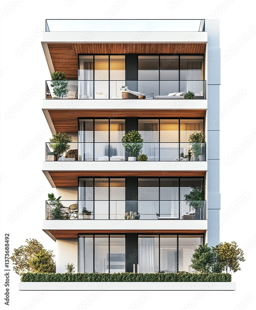 Fototapeta premium Modern condominium with balconies and greenery on white background