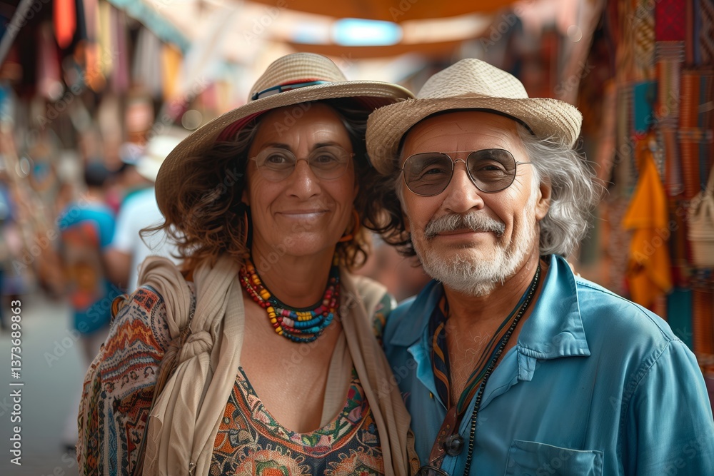 A cheerful couple poses together at a vibrant market, showcasing their joyful spirit and colorful attire. A cheerful couple poses together at a vibrant market, showcasing their joyful spirit and colorful attire.