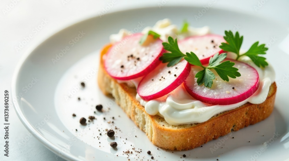 A delectable open-faced sandwich featuring creamy spread, vibrant radish slices, and fresh parsley garnish, all meticulously arranged on a pristine plate. A delectable open-faced sandwich featuring creamy spread, vibrant radish slices, and fresh parsley garnish, all meticulously arranged on a pristine plate.