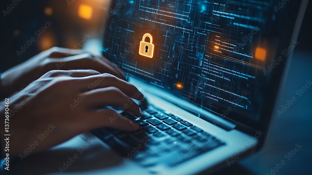 Coding Security Laptop Screen displaying Code with Padlock and Hands on Keyboard Coding Security Laptop Screen displaying Code with Padlock and Hands on Keyboard