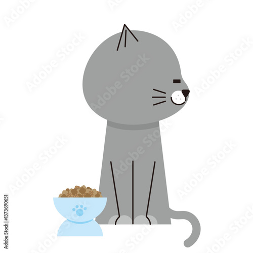 エサを食べないグレーの猫のイラスト