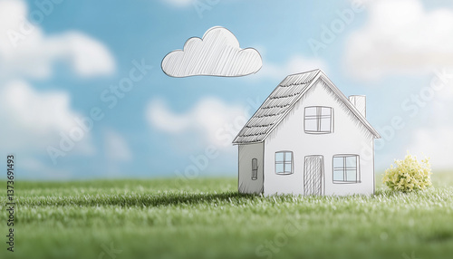 Wallpaper Mural "Dream home concept with a house sketch on a natural landscape, bright theme, perfect light, high quality, copy space for text. Ideal for real estate, design, architecture, and home inspiration." Torontodigital.ca