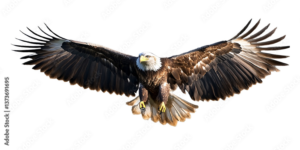 Fototapeta premium Majestic bald eagle in flight with outstretched wings isolated on transparent background.